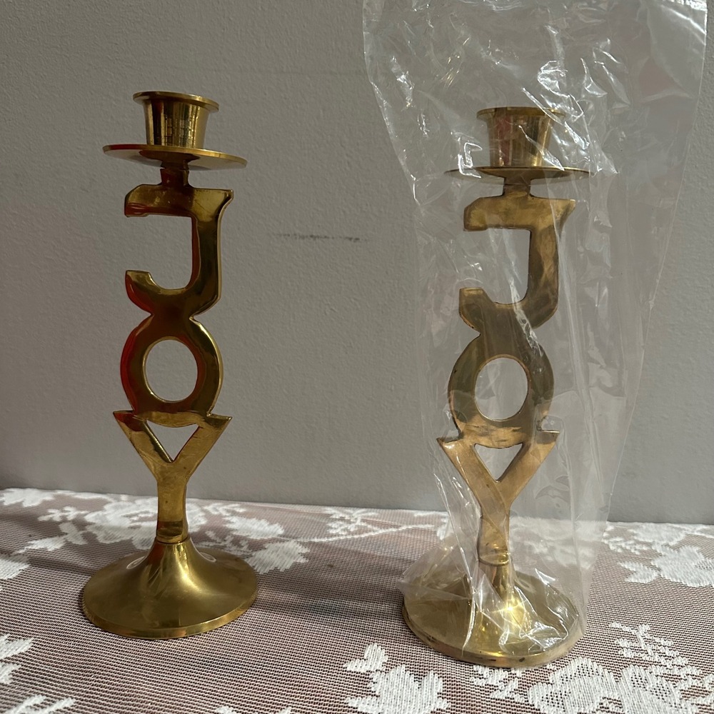 International Silver Co Brass Joy Candle Holders Set of 2 Vintage Christmas‎